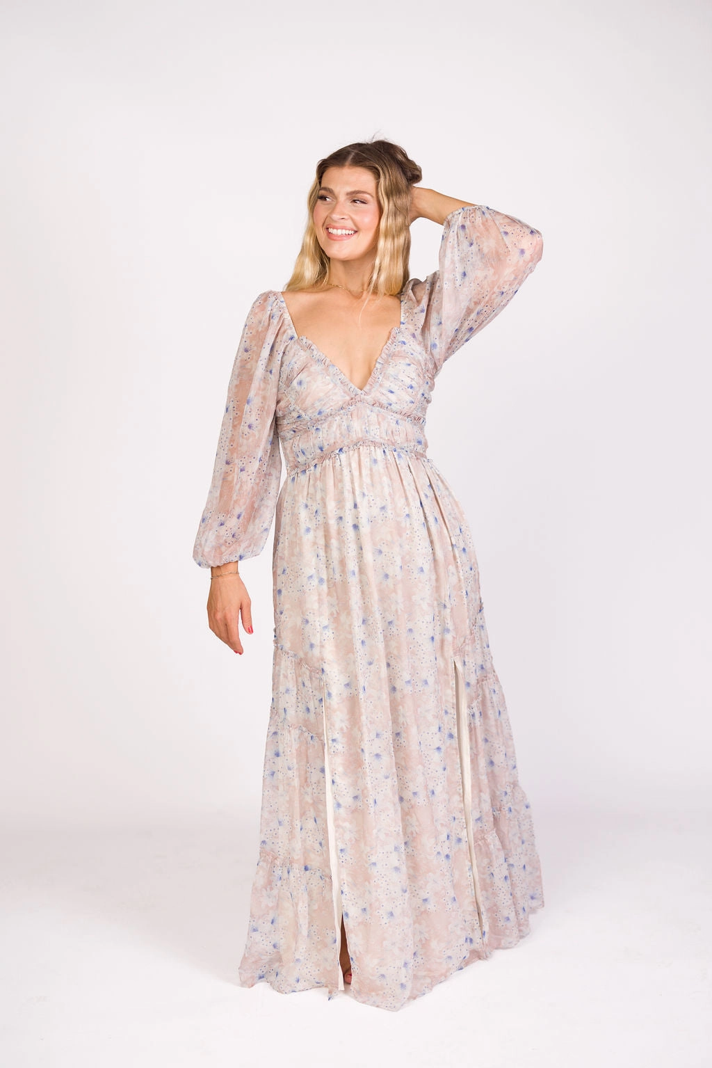 Fresh Outfit Daphne Long Sleeve Maxi Dress in Beige/Blue Floral - Bump Friendly & Inclusive Sizing (XS-3XL)