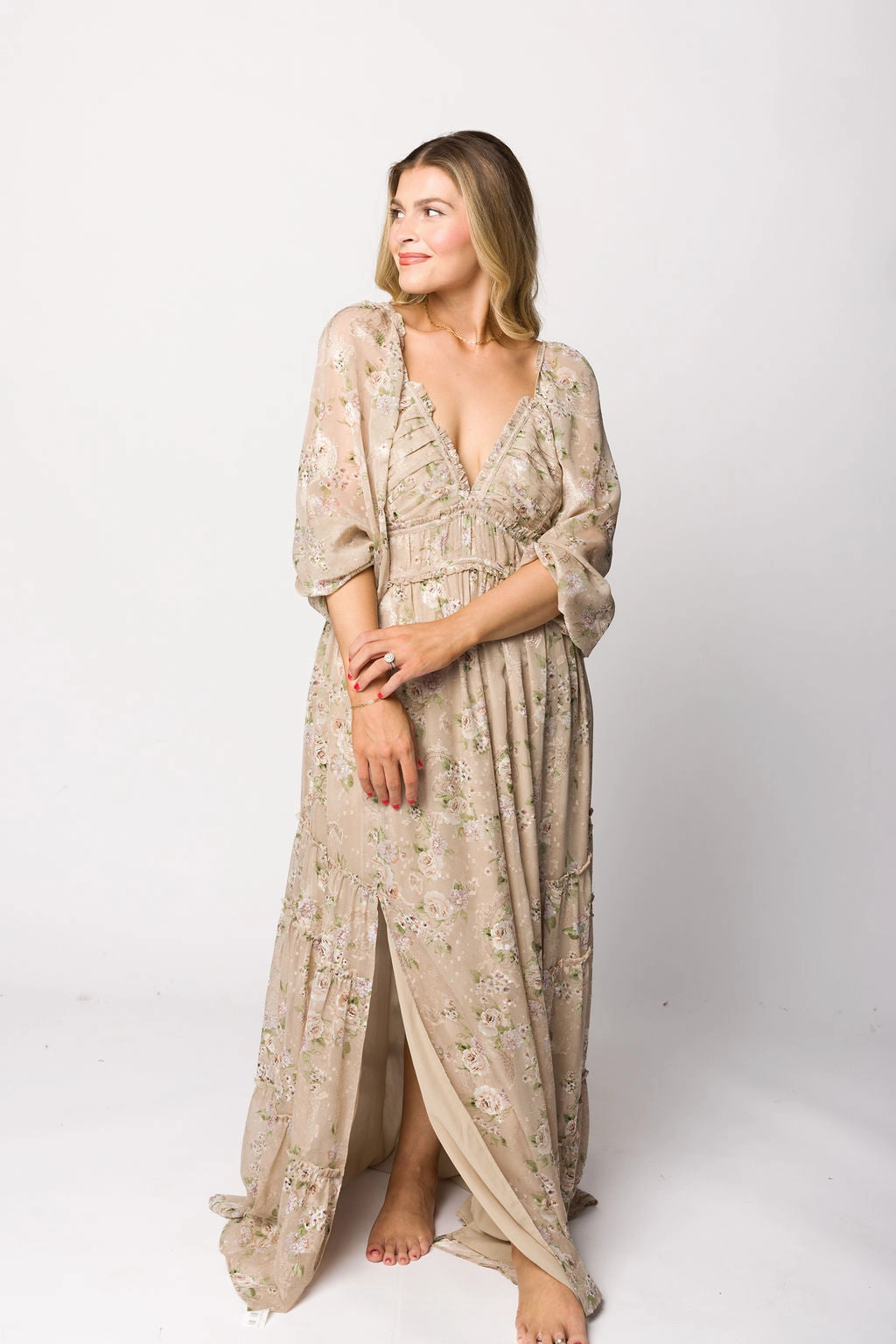 Subtle Drape Daphne Long Sleeve Maxi Dress in Beige/Multi Floral - Bump Friendly & Inclusive Sizing (XS-3XL)