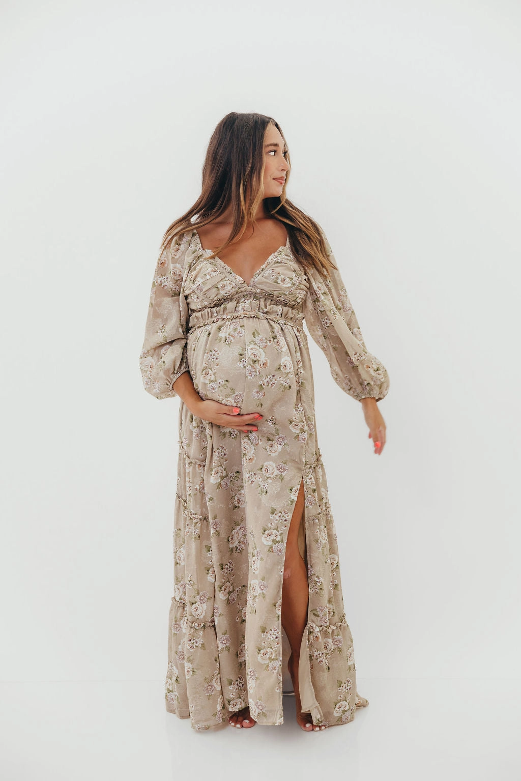 Unique Cut Classic sheath dress Daphne Long Sleeve Maxi Dress in Beige/Multi Floral - Bump Friendly & Inclusive Sizing (XS-3XL)