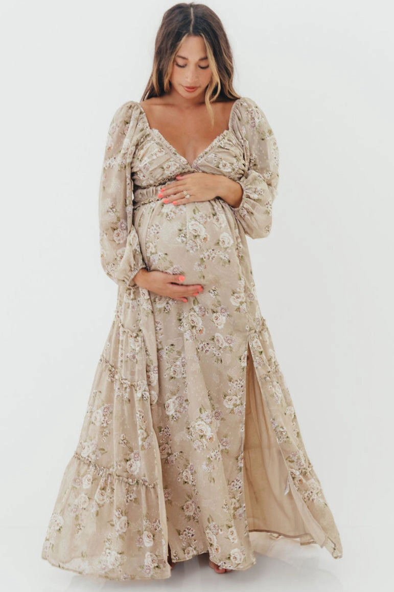 Daphne Long Sleeve Maxi Dress in Beige/Multi Floral - Bump Friendly & Inclusive Sizing (XS-3XL) Cool Form Stylish Feel