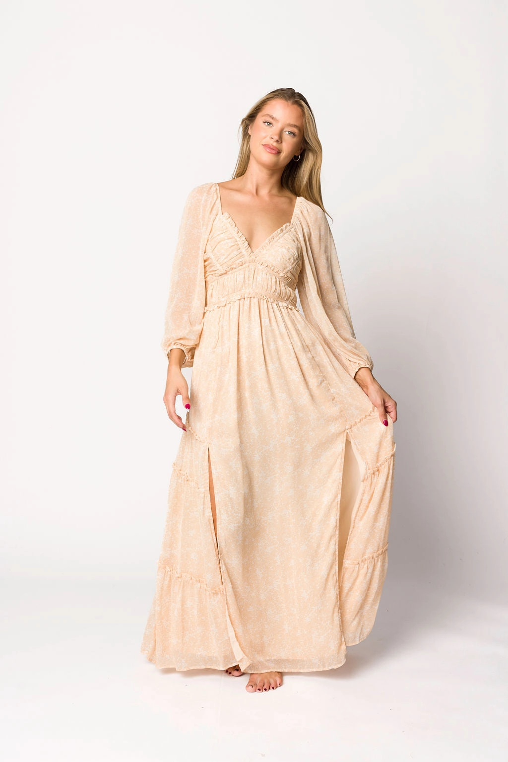 Trendy And Comfortable Daphne Long Sleeve Maxi Dress in Light Beige/White Floral - Bump Friendly & Inclusive Sizing (XS-3XL)