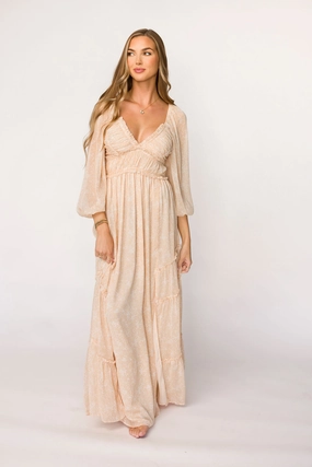 Daphne Long Sleeve Maxi Dress in Light Beige/White Floral - Bump Friendly & Inclusive Sizing (XS-3XL) Shine Soft Quiet Sweet