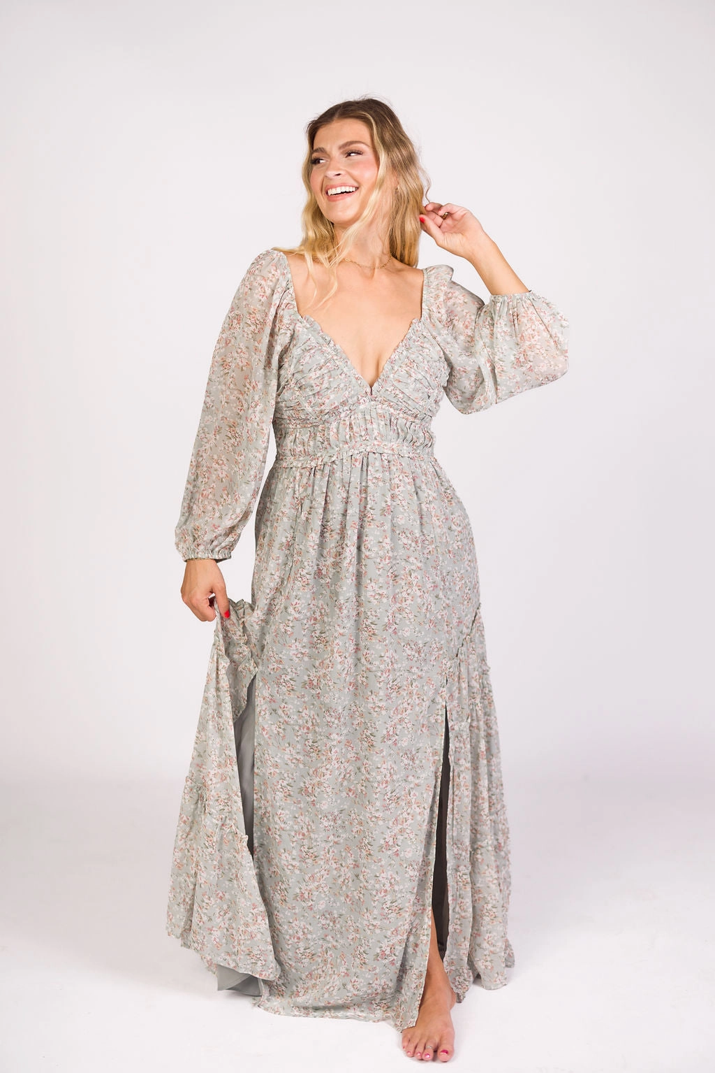 Daphne Long Sleeve Maxi Dress in Sage/Pink/Ivory Floral - Bump Friendly & Inclusive Sizing (XS-3XL) slim fit