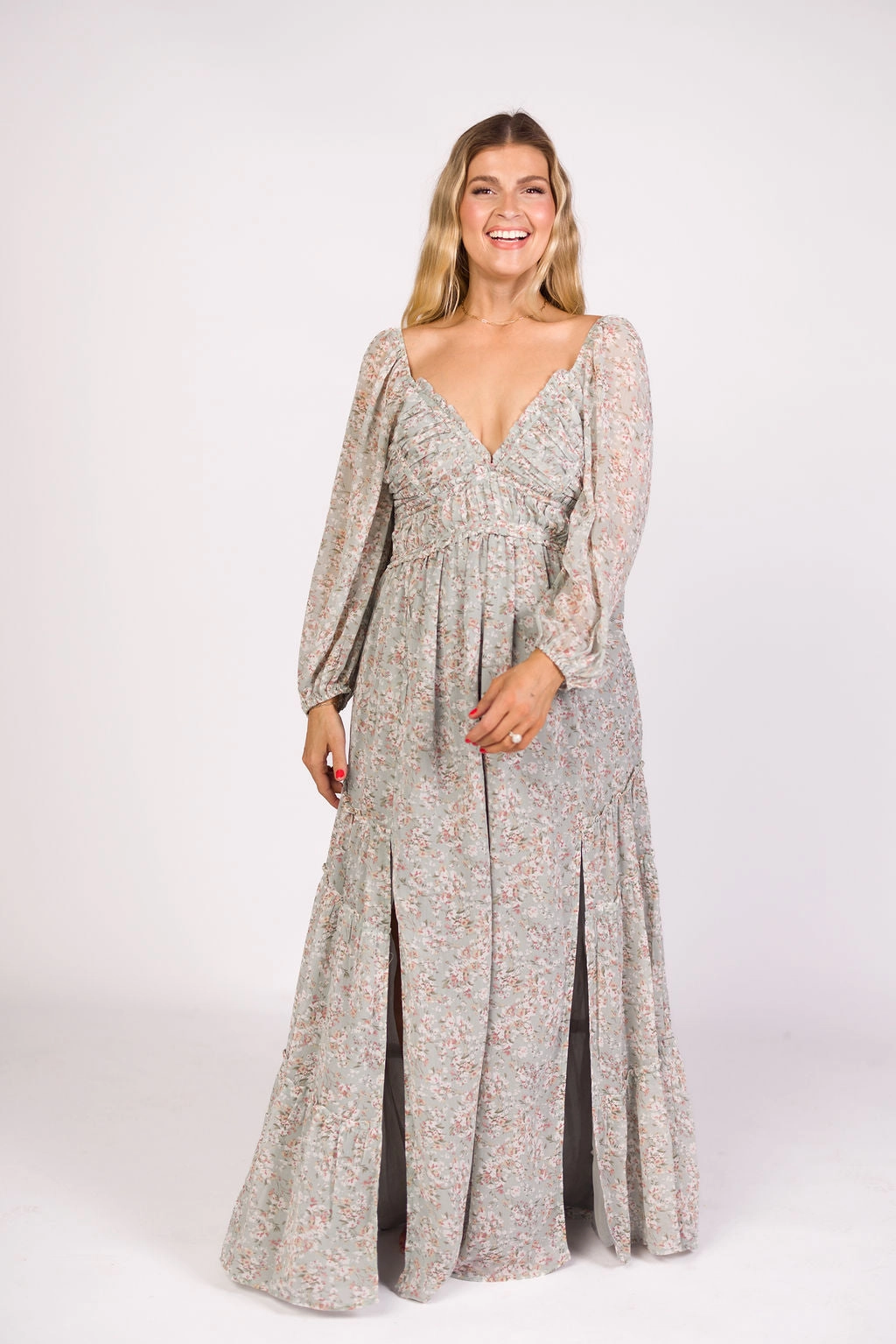 Daphne Long Sleeve Maxi Dress in Sage/Pink/Ivory Floral - Bump Friendly & Inclusive Sizing (XS-3XL) Chic and Flattering Dreamy Drape