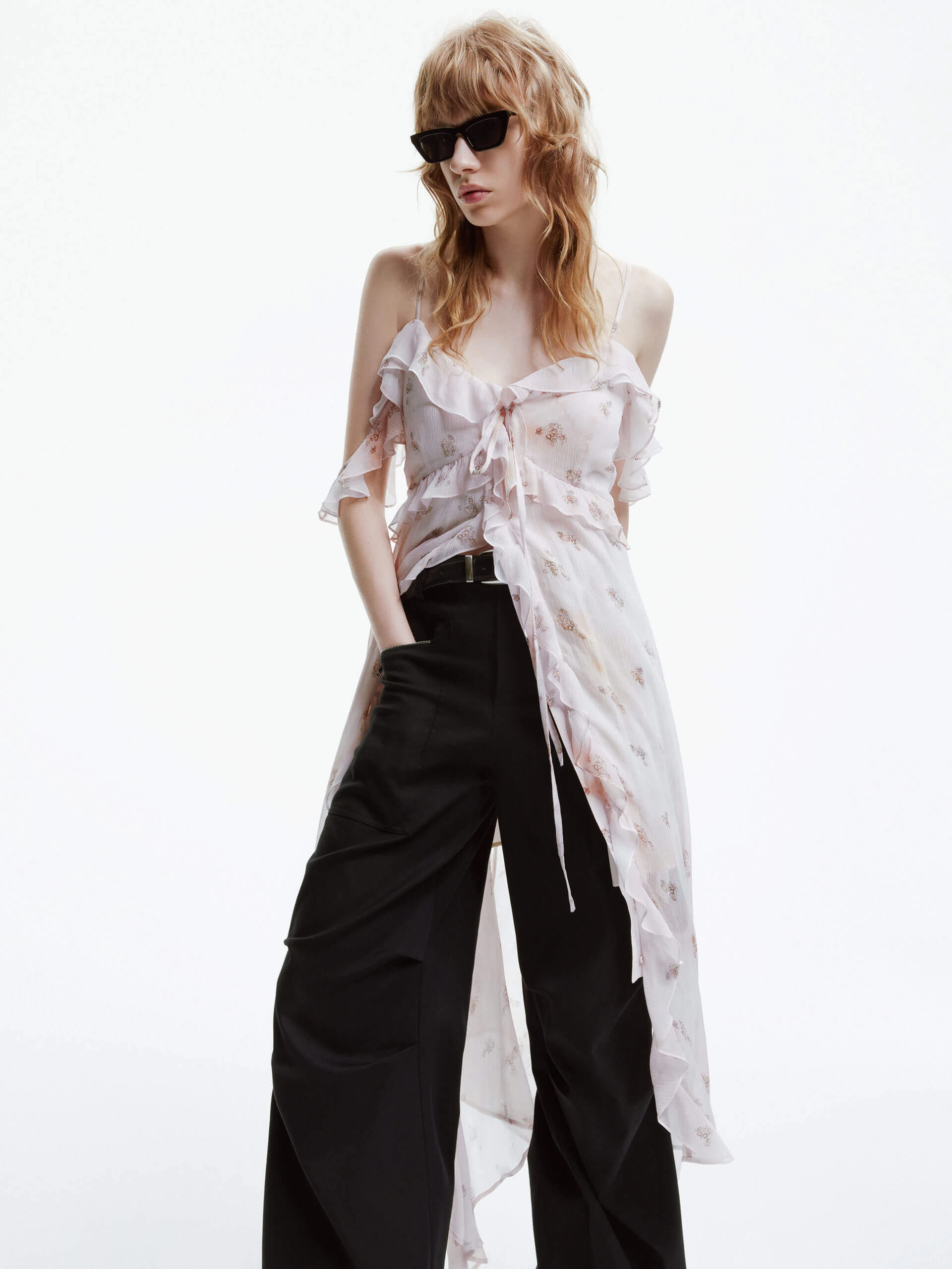 Ruffle Chiffon Midi Dress Cap-Sleeve