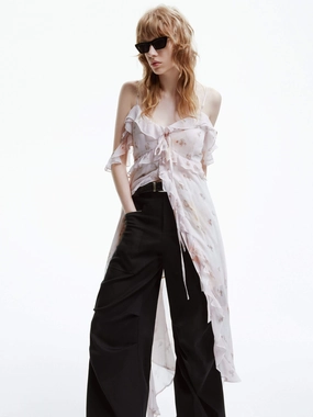 Party Floral Sleek Tone Ruffle Chiffon Midi Dress