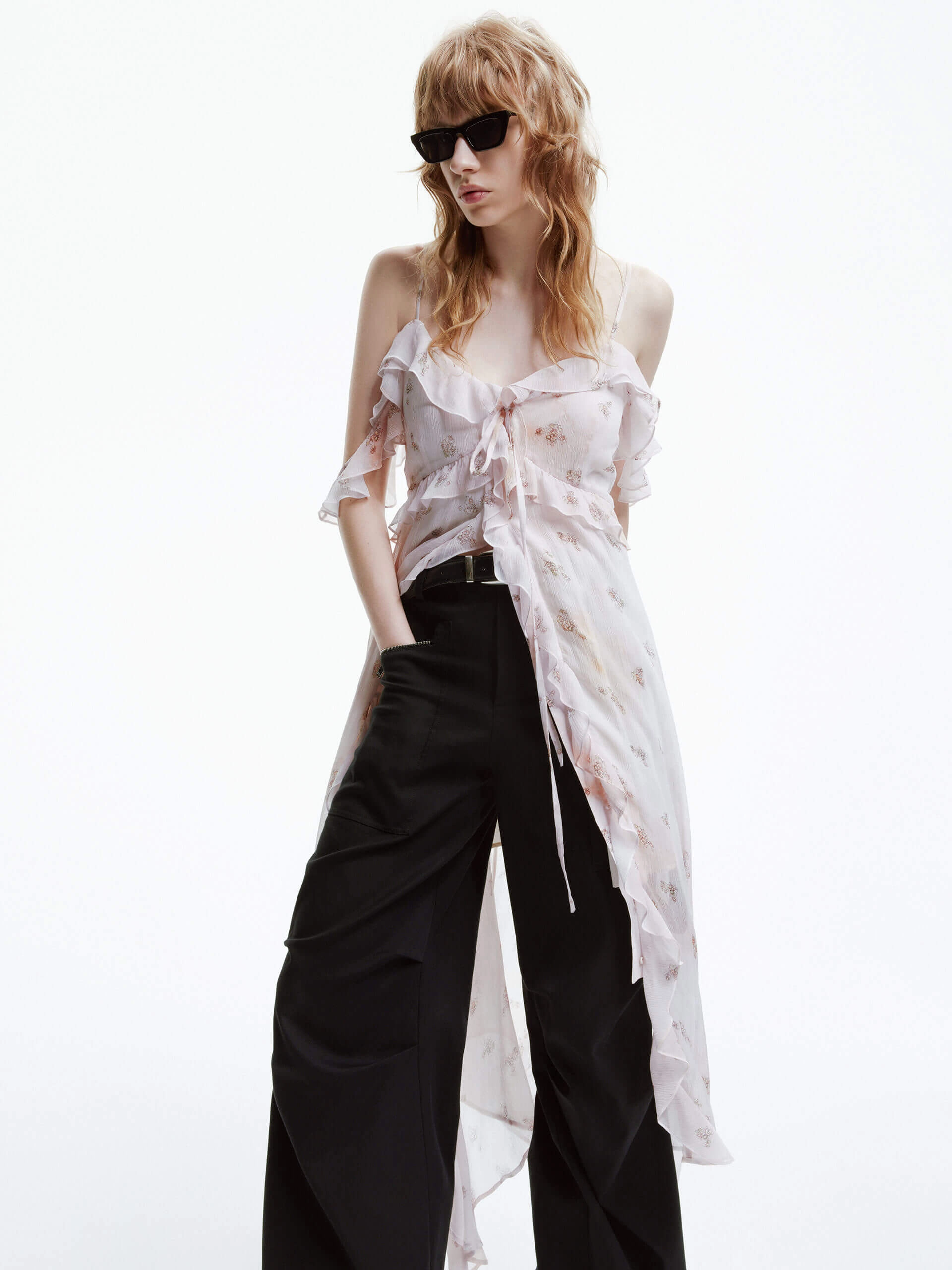 Party Floral Sleek Tone Ruffle Chiffon Midi Dress