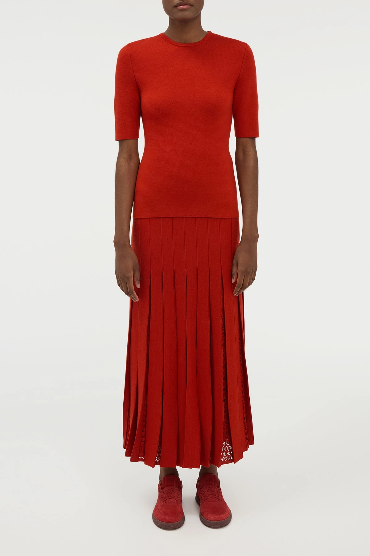 Debutante Knit Pleated Maxi Skirt in Antelope Orange Merino Wool Natural Fiber Composition Urban Casual Look