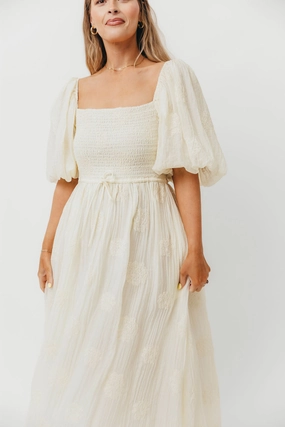 Day-To-Night Wear Aimee Smocked Embroidered Floral Midi Dress in Ivory