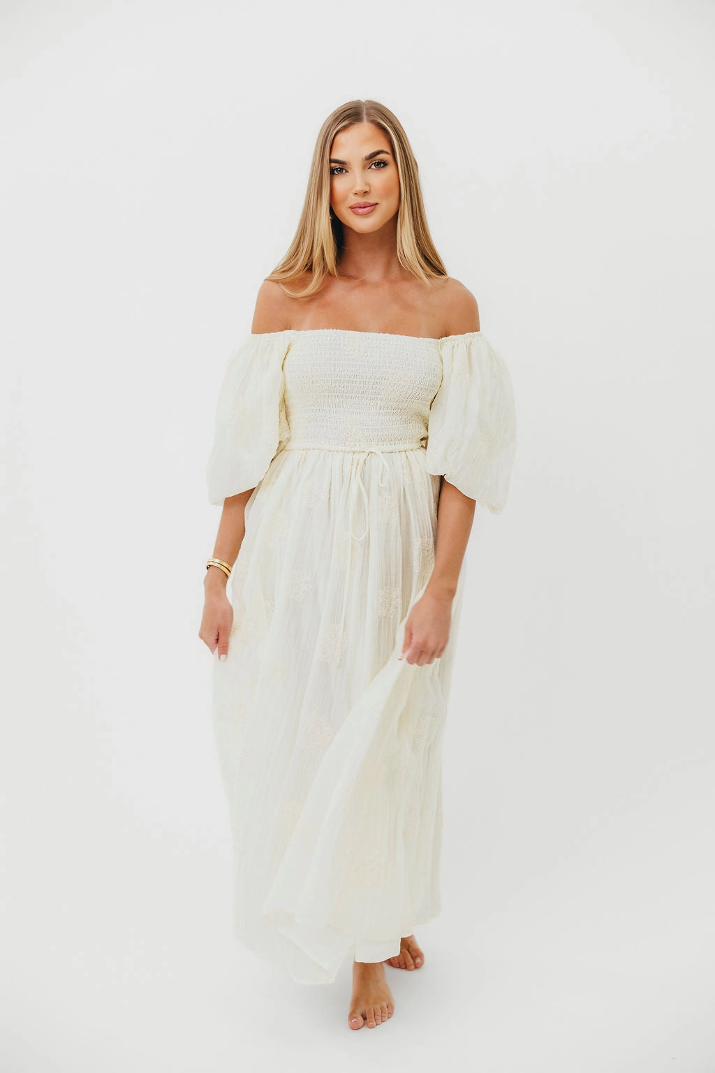 Aimee Smocked Embroidered Floral Midi Dress in Ivory Sun-Protective
