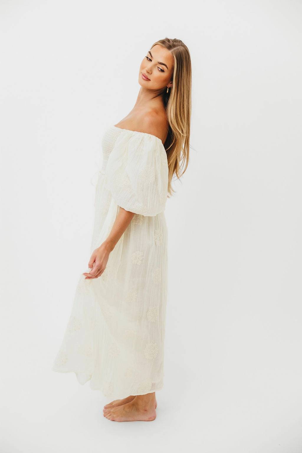 Aimee Smocked Embroidered Floral Midi Dress in Ivory Comfy and Chic