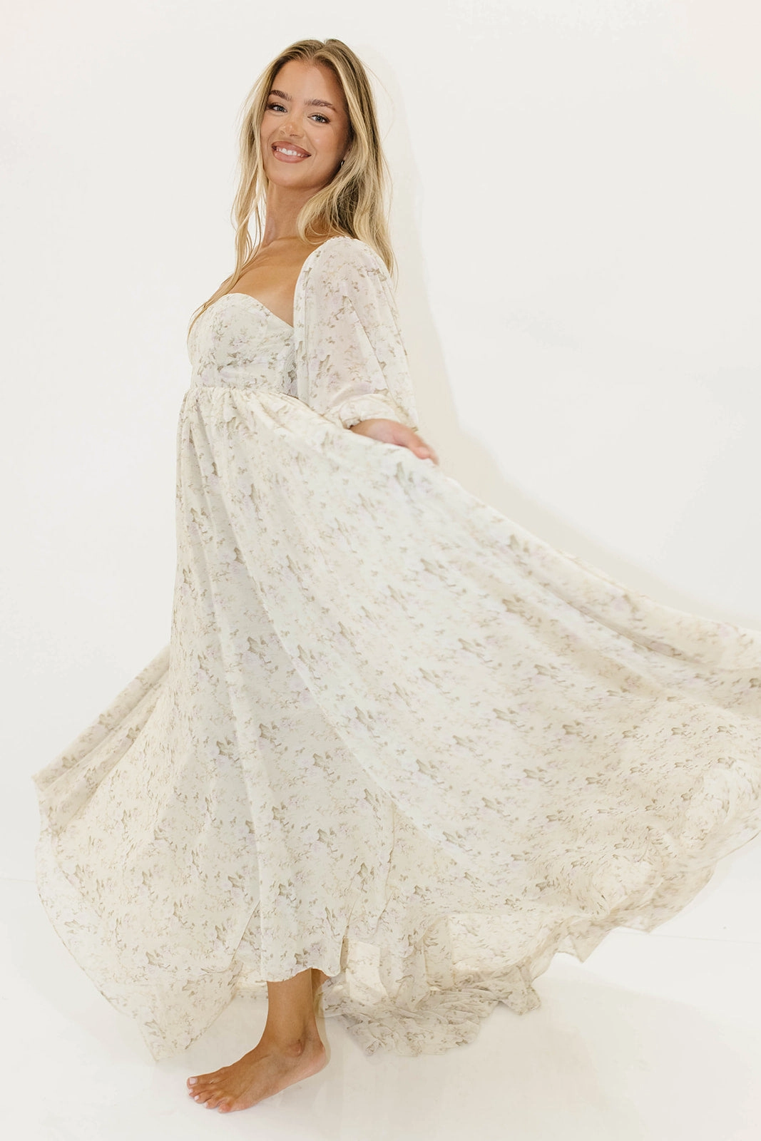 Emerging-Brand Delilah Maxi Dress with Train in Blush - Bump Friendly