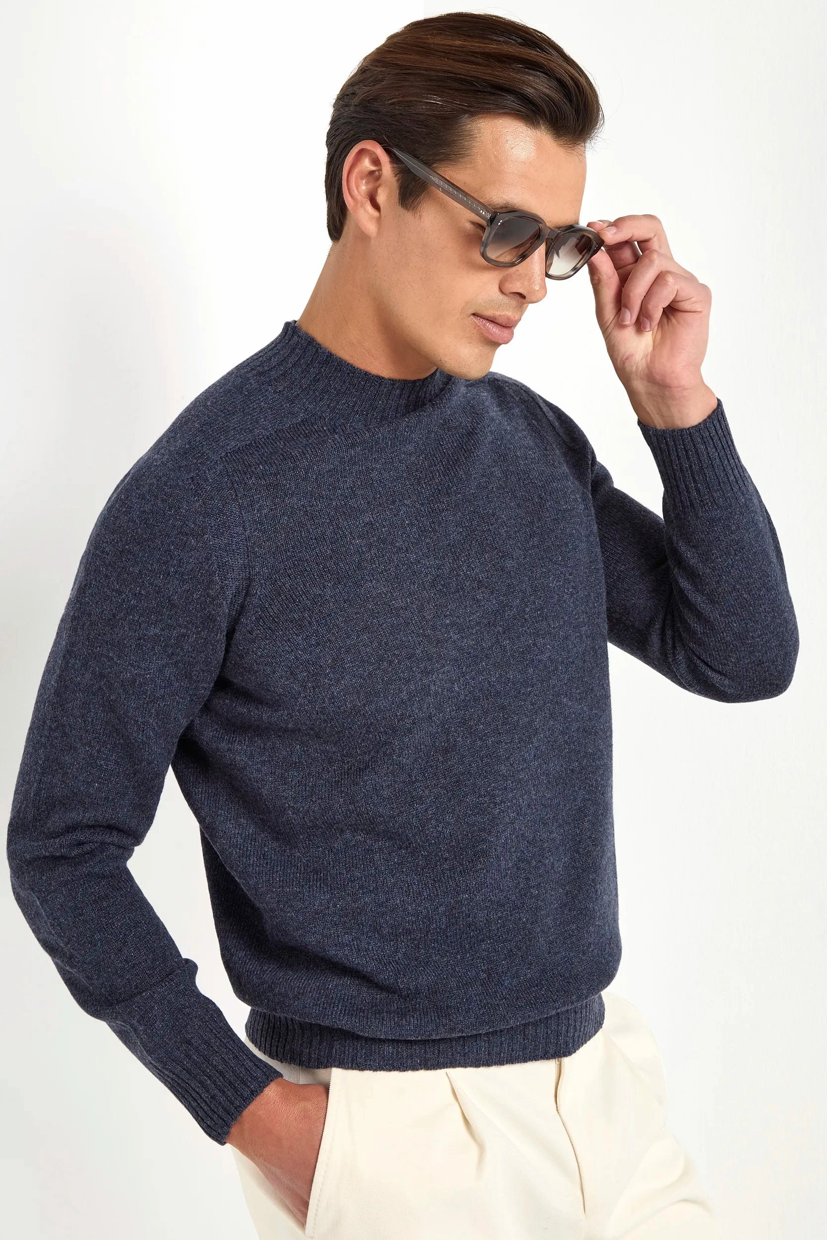 Reinforced Shoulder Seams Lightweight Design Denim blue mock neck - Made in Italy