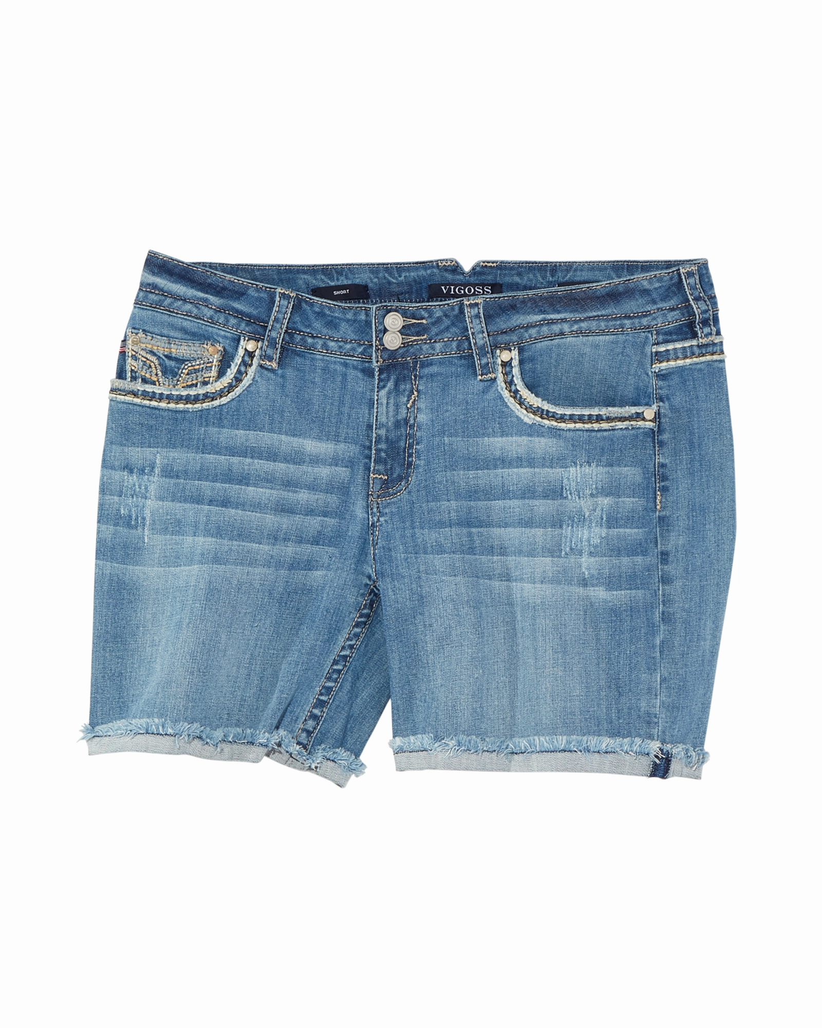 Anti Static Material Blend Denton Rolled Shorts with Stitching Details | Light Wash