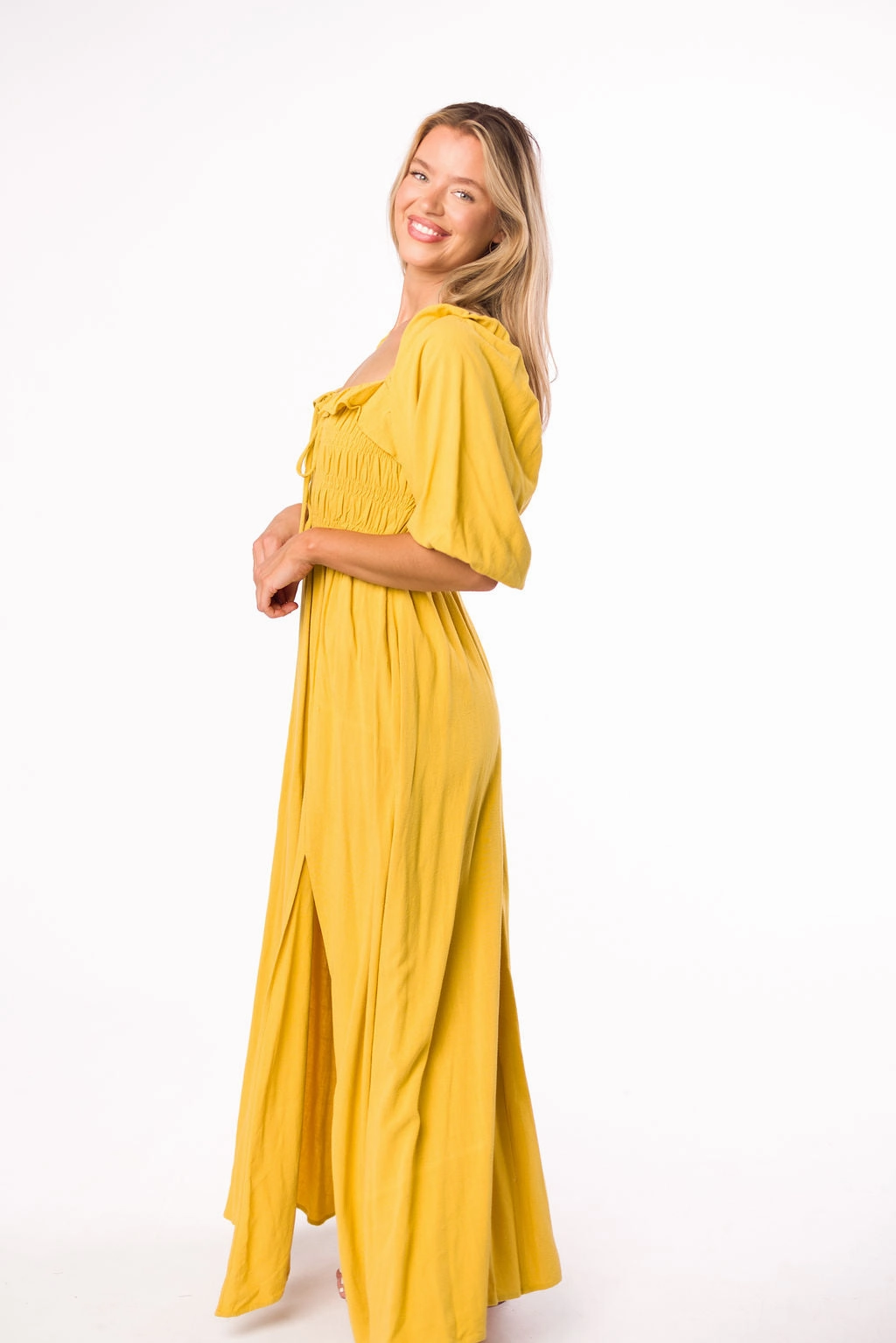 Devon Smocked Maxi Dress in Mustard - Bump Friendly *Final-Sale* Balanced Texture