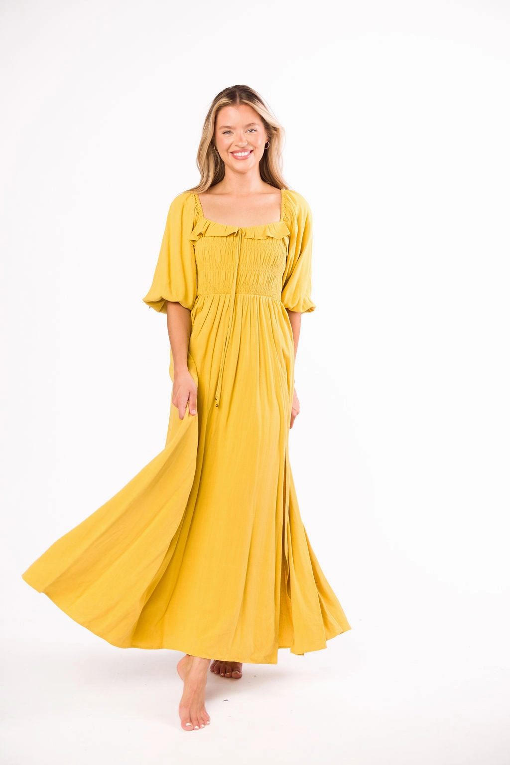 Outdoor Scene Euro Ease Devon Smocked Maxi Dress in Mustard - Bump Friendly *Final-Sale*