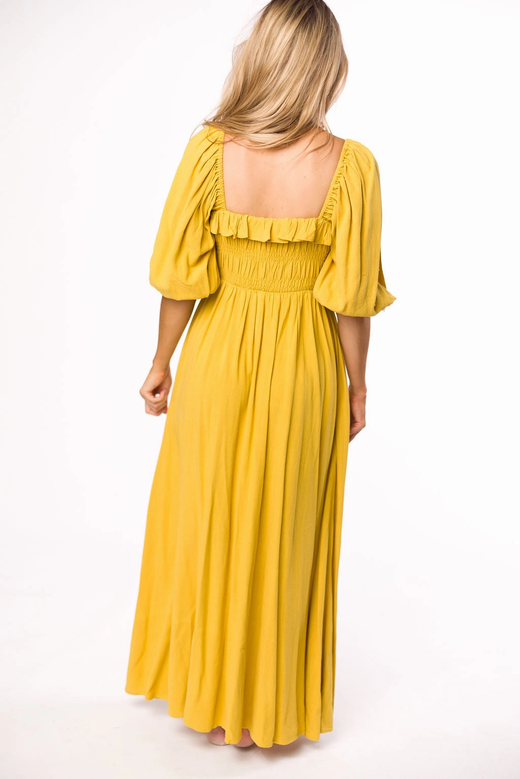 Devon Smocked Maxi Dress in Mustard - Bump Friendly *Final-Sale* Front Ruffle