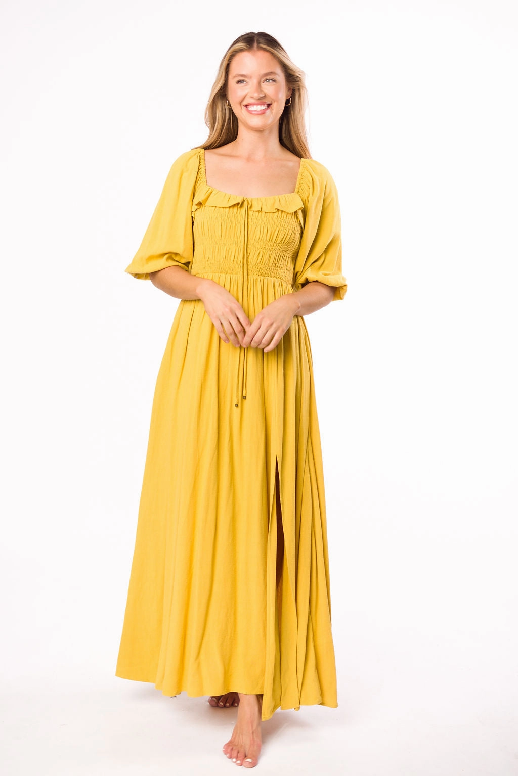 Devon Smocked Maxi Dress in Mustard - Bump Friendly *Final-Sale* Sophisticated Waist
