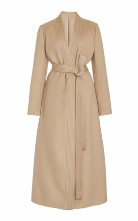 Devon Wrap Coat in Camel Winter Silk Recycled Polyester Blend Convertible Cuff System