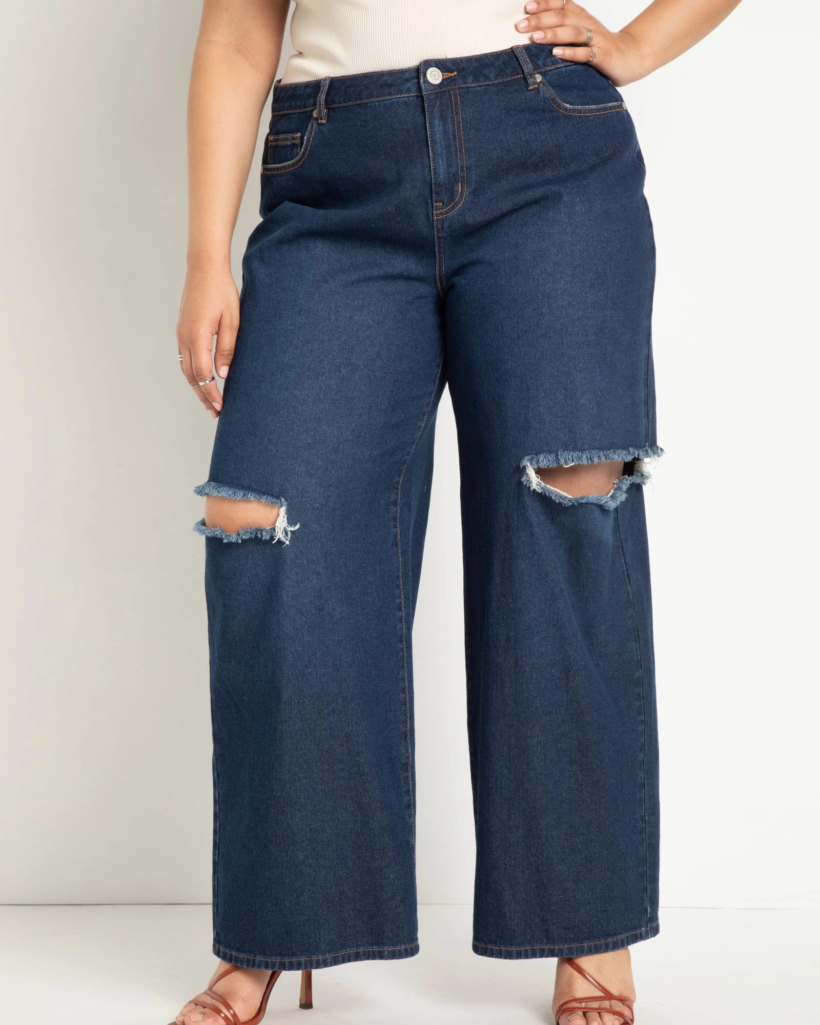 Distressed Wide Leg Jeans | Medium True Blue Wash Double Layered Knees Trendy Choice