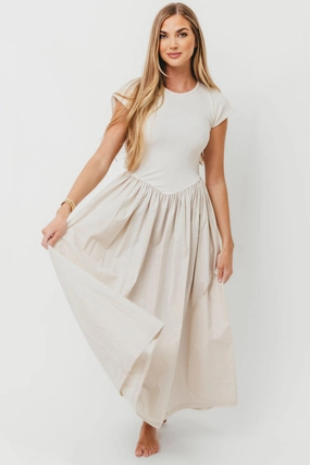 Dolores Rib and Woven Skirt Combo Dress in Cream Cozy Wear Floral Comfort