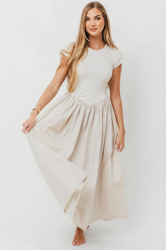 Dolores Rib and Woven Skirt Combo Dress in Cream Cozy Wear Floral Comfort