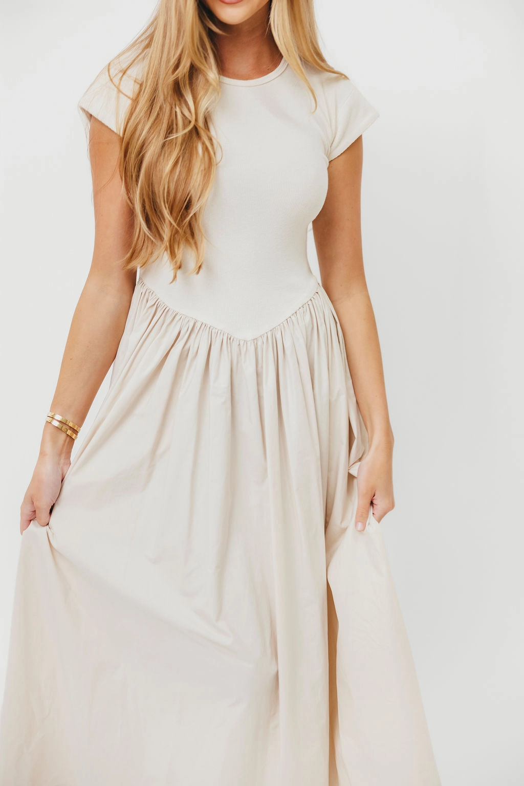 Dolores Rib and Woven Skirt Combo Dress in Cream Work Flex
