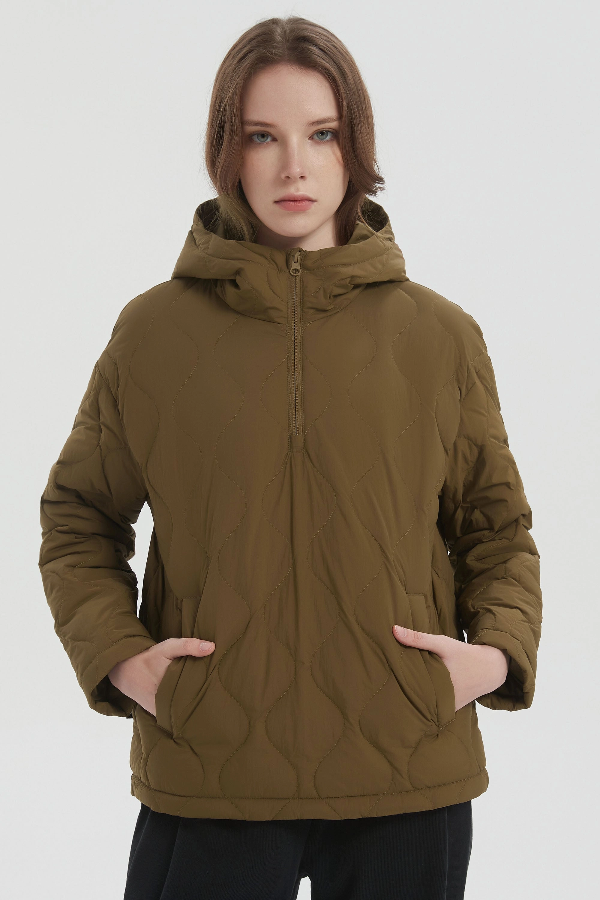 Scoop neck Silkiness Down Puffer Jacket Half Zip Hoodies Coat
