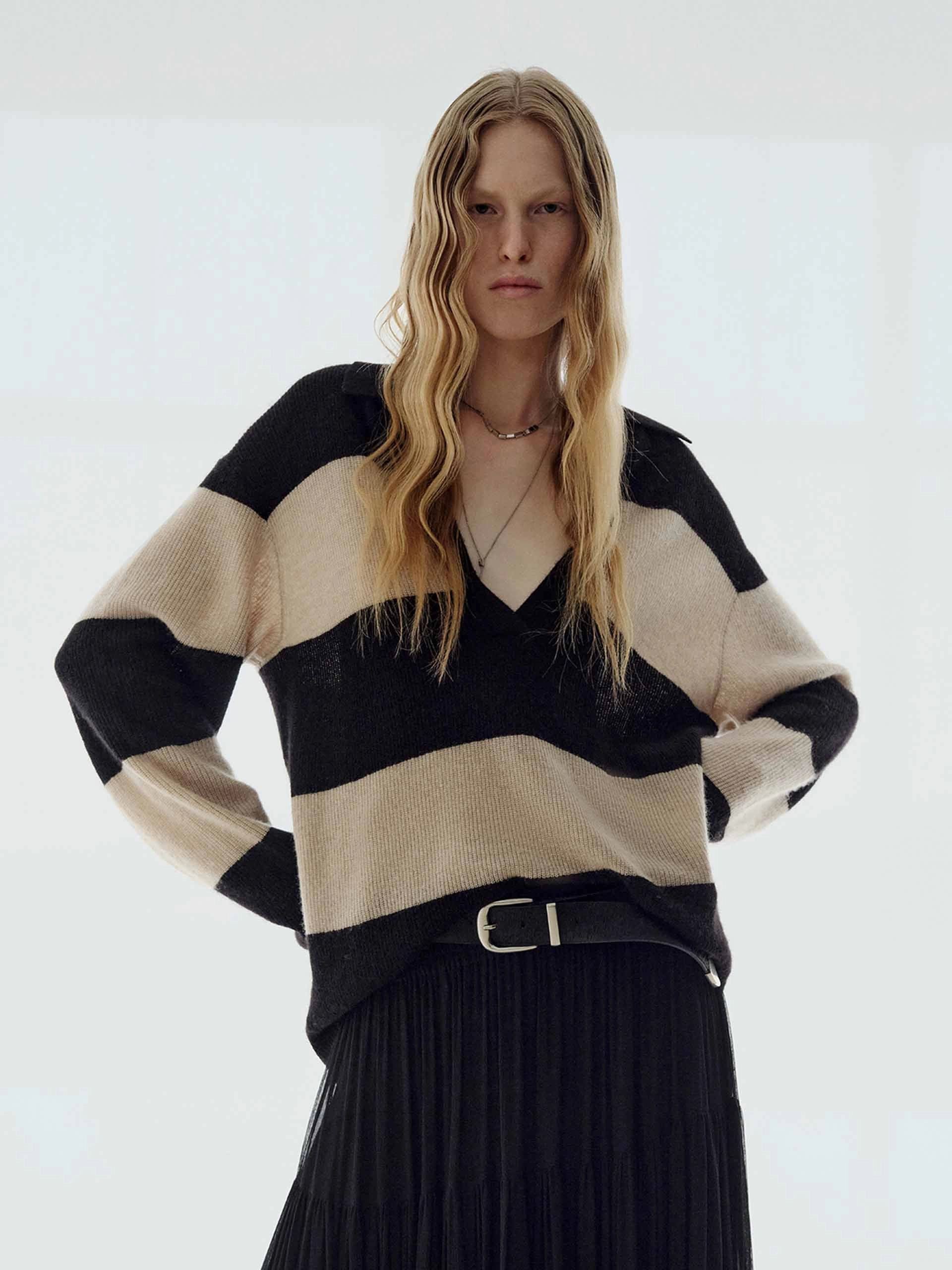 Striped V-neck Sweater Casual Layer OdorResistant