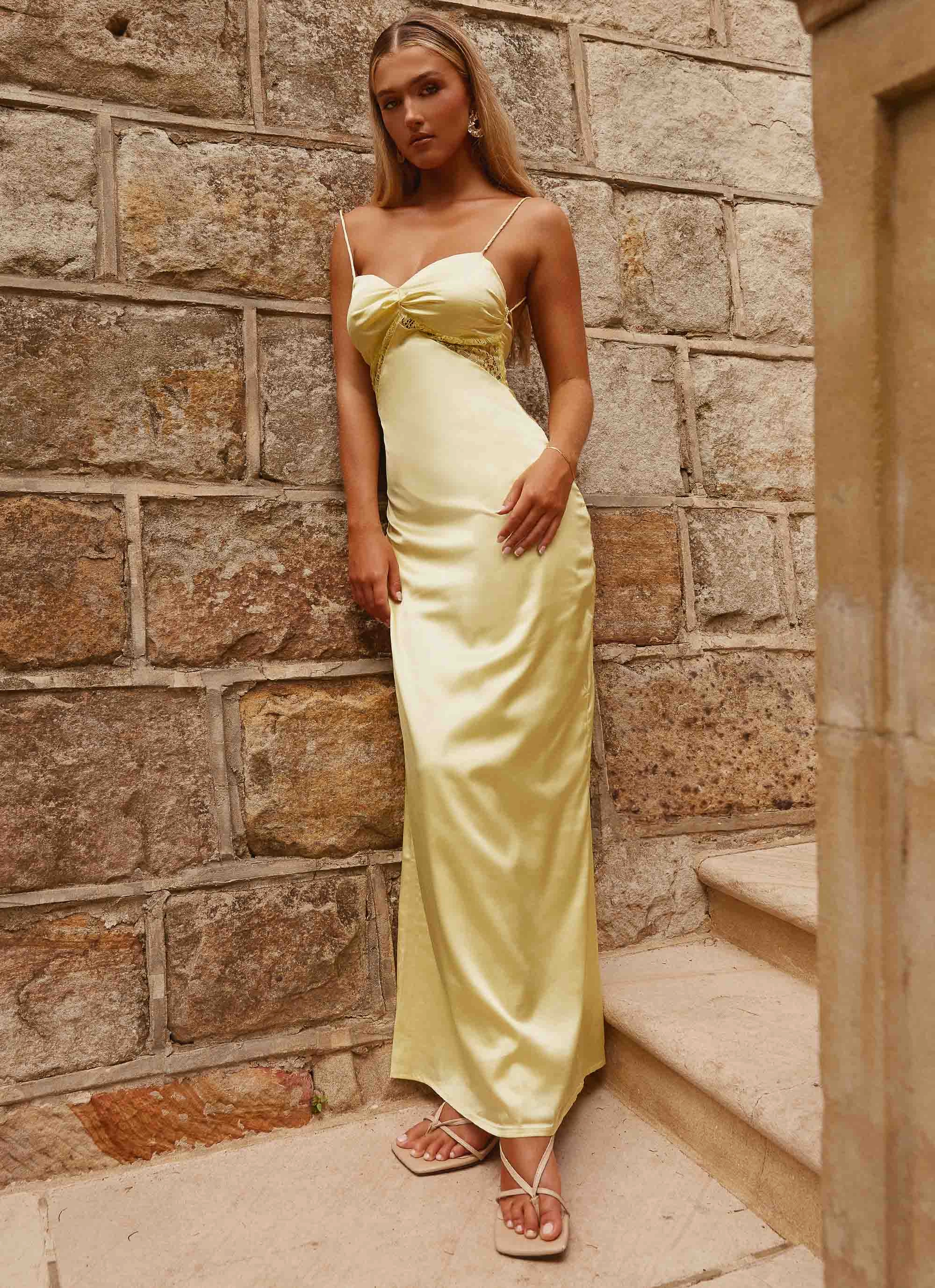 Dream Sight Lace Satin Maxi Dress - Lemon Smooth Drape