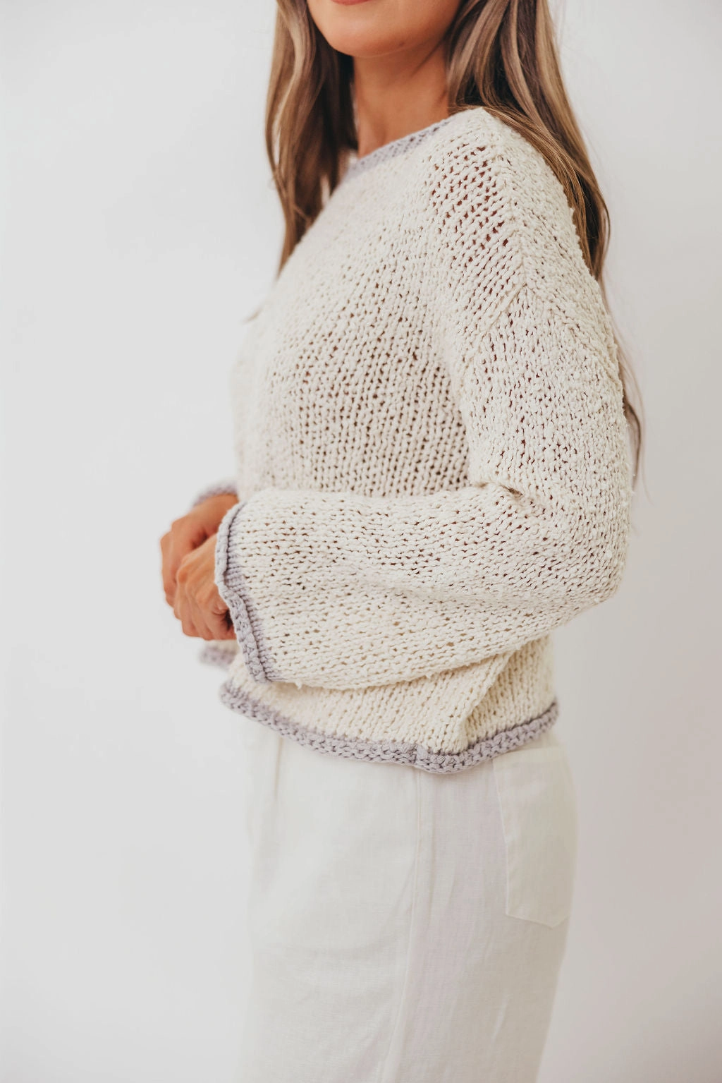 Dreamscape Sweater in Ivory Grey Fade Resistant Dye Non Restrictive Armhole