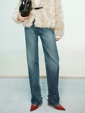 Ripped Hem Straight Jeans Youth Style Student Outfit