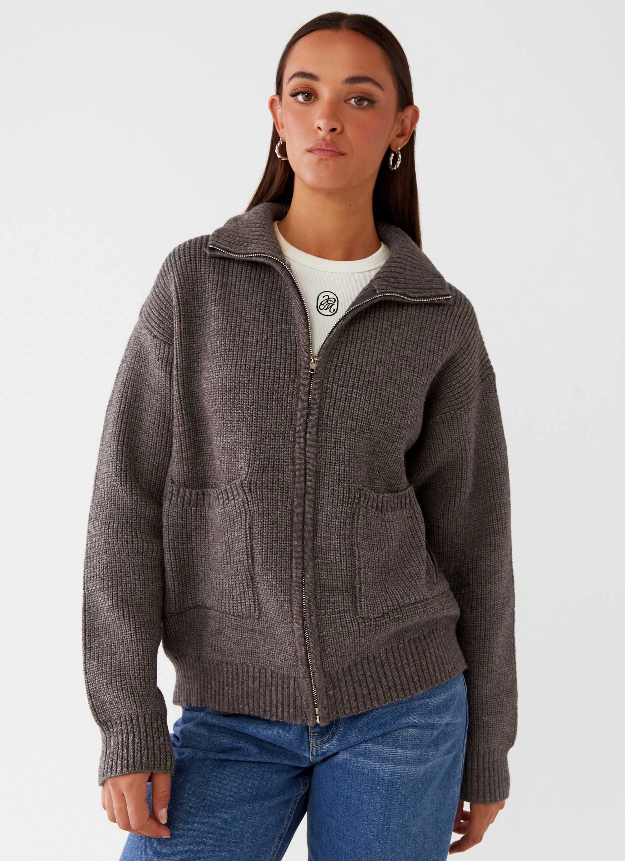 Common Ground Oversized Zip Cardigan - Charcoal LowImpact Dye NonRestrictive Cuff Design