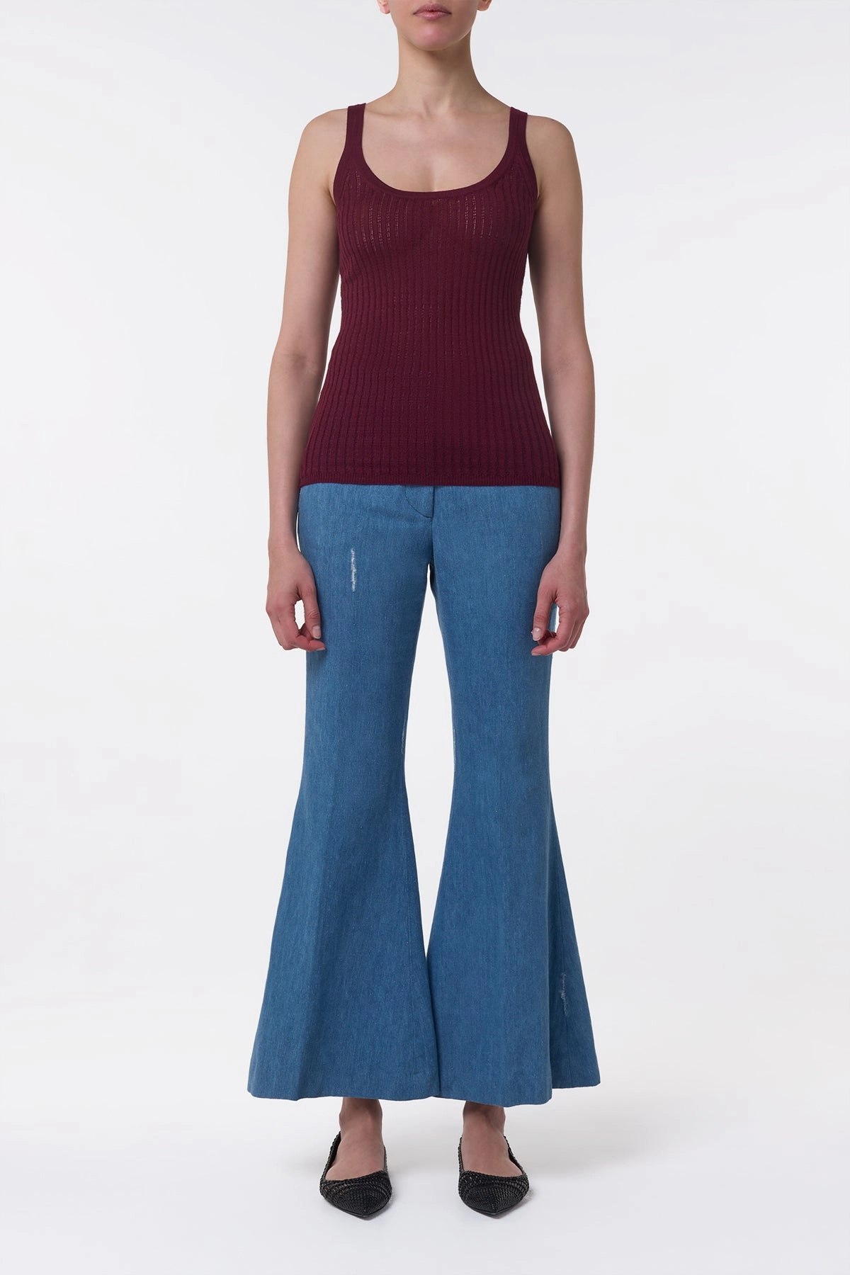 Sleek Surface ribbed texture Nevin Pointelle Knit Tank Top in Bordeaux Cashmere Silk