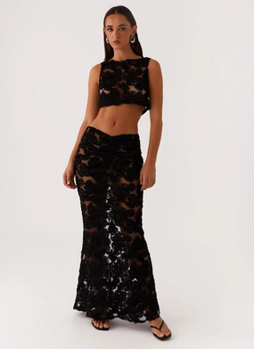 Draped Design Reinforced Hems Fiorella Floret Maxi Skirt - Black