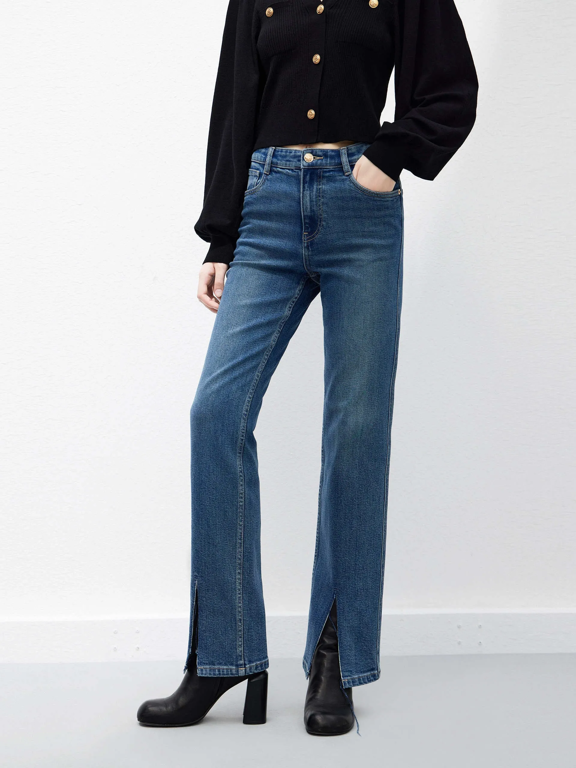 Front Slit Straight Jeans Modern Minimalist Urban Explorer Casual Friday Parent Style Travel Outfit