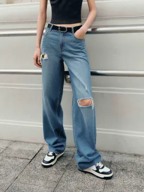 Morning Stroll Stretch Ripped Straight Cotton Jeans