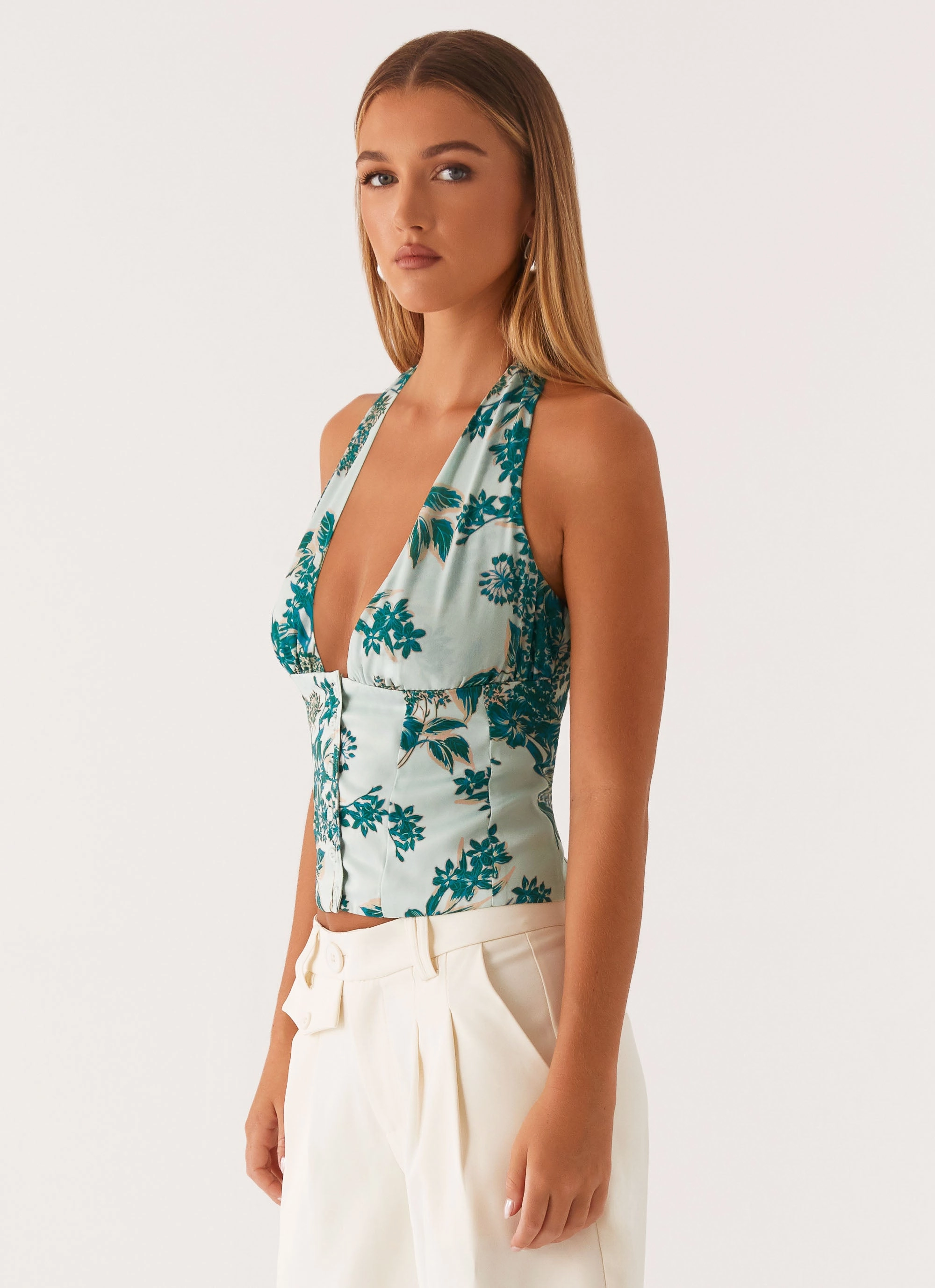 Lets Pretend Halterneck Top - Cloud Nine Floral Resilient
