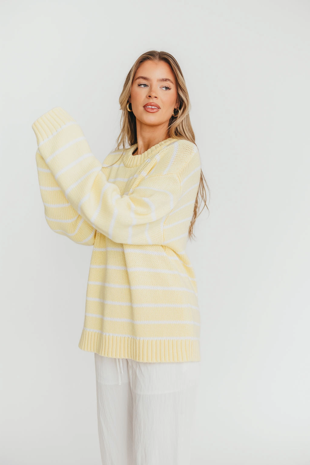Hypoallergenic Fiber Effortless Fit Bayside Sweater in Banana Stripe