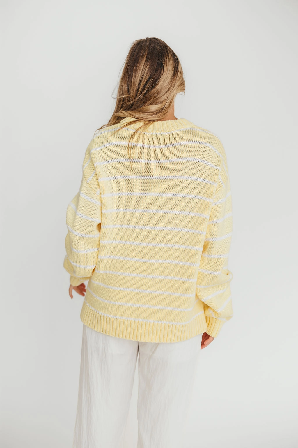 Recycled Material Crafting Layered Fit Bayside Sweater in Banana Stripe