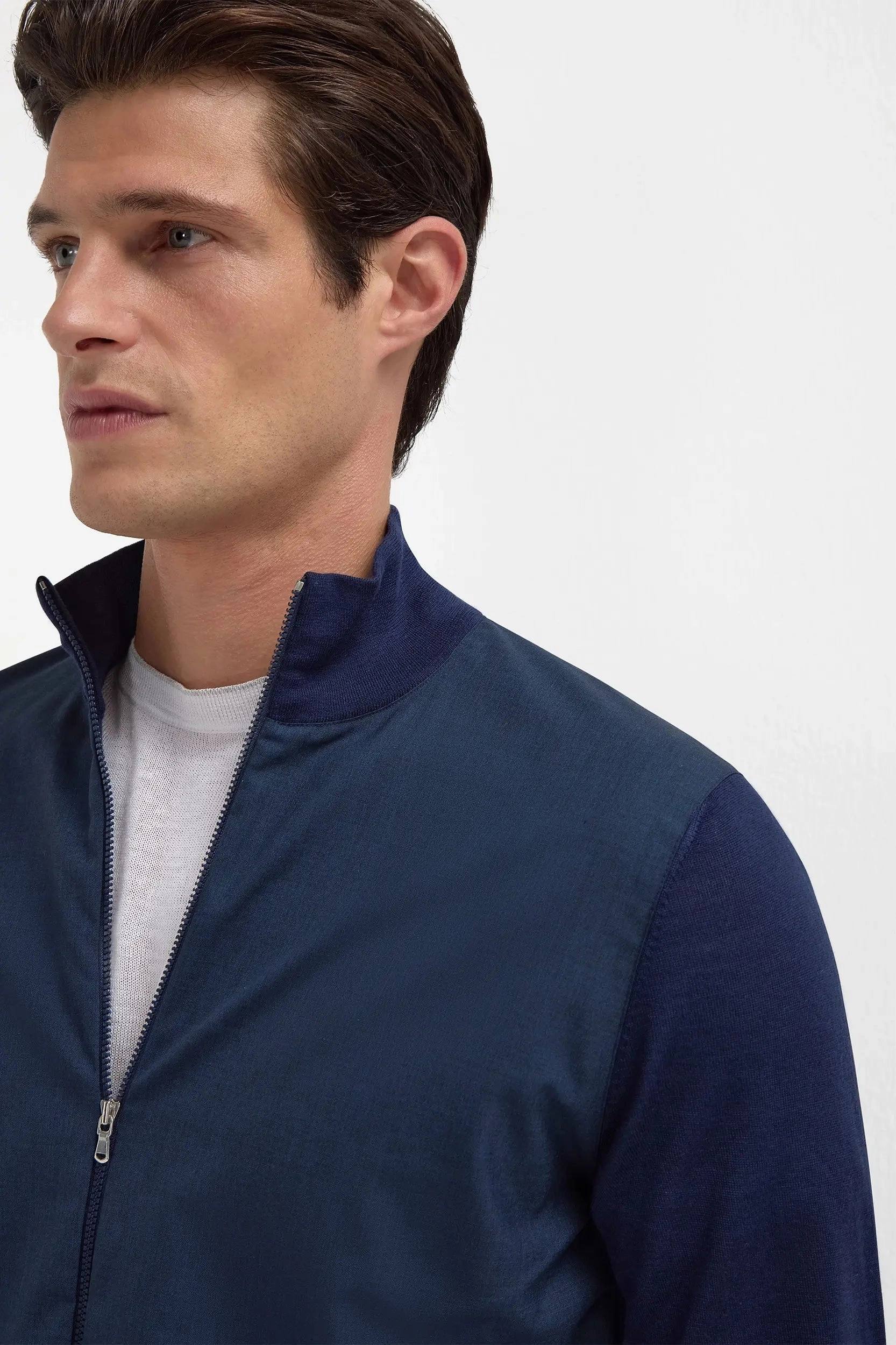 Durable Stitchwork Blue wool & knit bomber - Made in Italy