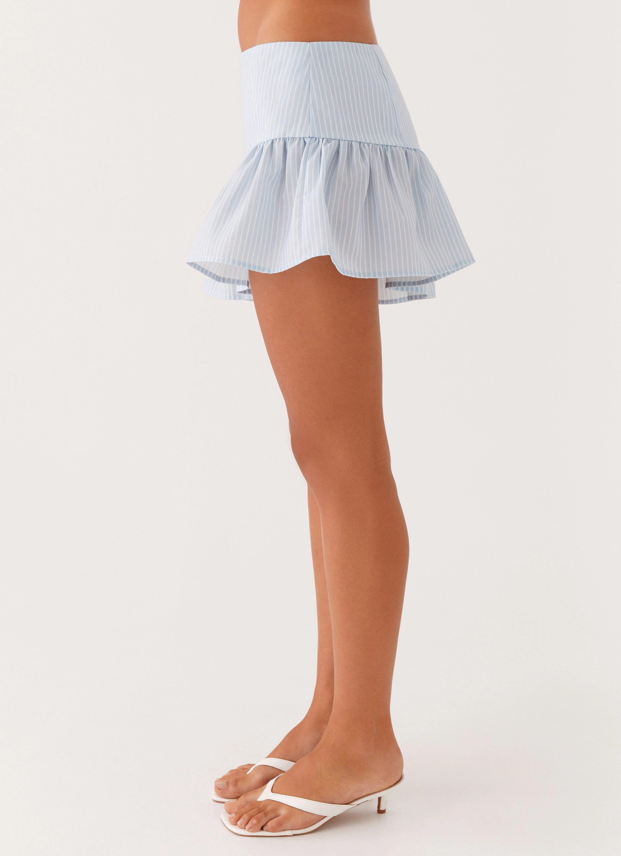 Bennett Mini Skirt - Blue White Stripe Aesthetic Look Fringe Detail