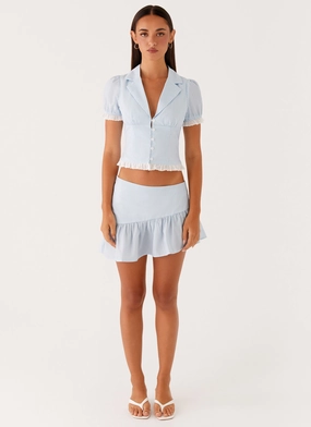 Bennett Mini Skirt - Blue White Stripe Occasion Dressing High Shine