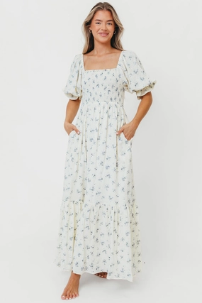 BreathableLining Livvy 100% Cotton Maxi Dress in Dusty Blue Floral - Bump Friendly & Inclusive Sizing