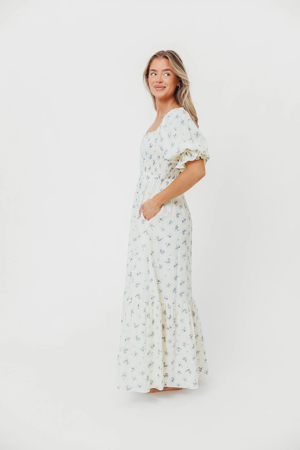 Love Soft Gentle Look Livvy 100% Cotton Maxi Dress in Dusty Blue Floral - Bump Friendly & Inclusive Sizing