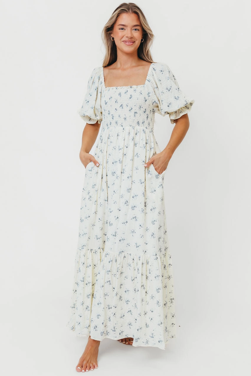 BreathableLining Livvy 100% Cotton Maxi Dress in Dusty Blue Floral - Bump Friendly & Inclusive Sizing