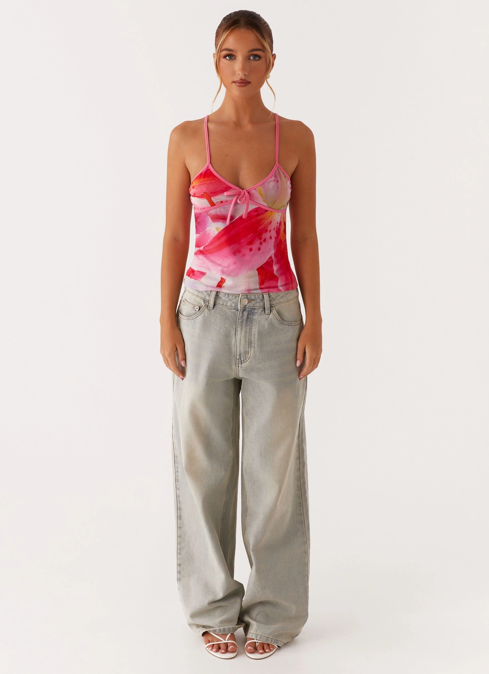 Flexible Seam Free Edges Claudie Mesh Top - White Pink Lilly