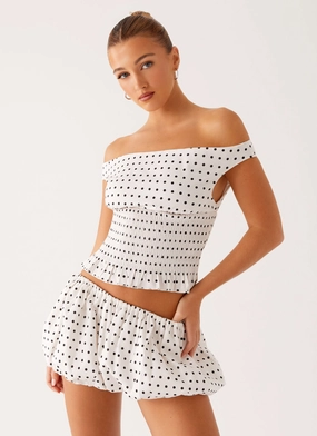Heather Off Shoulder Top - White Black Polka Dot Static Dissipative Fiber well received