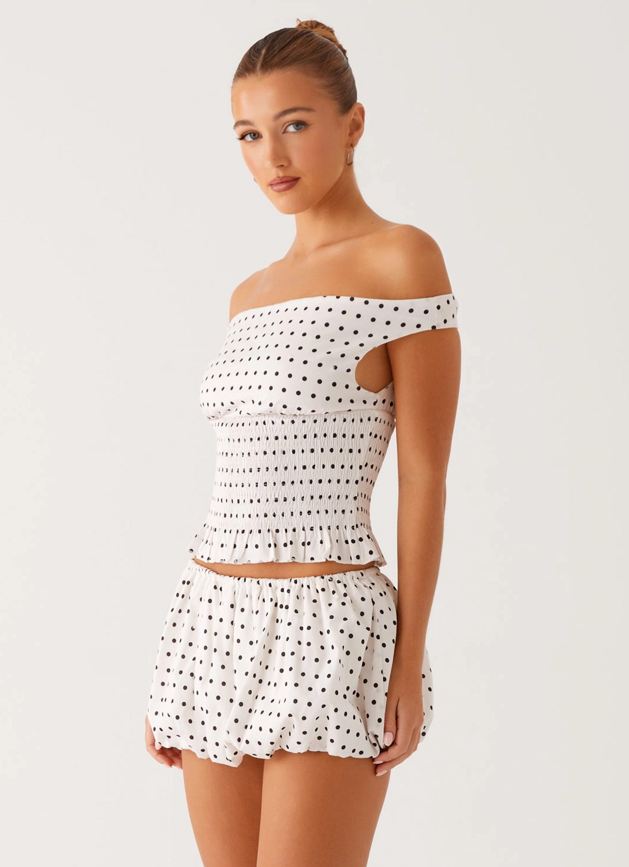 enough Heather Off Shoulder Top - White Black Polka Dot