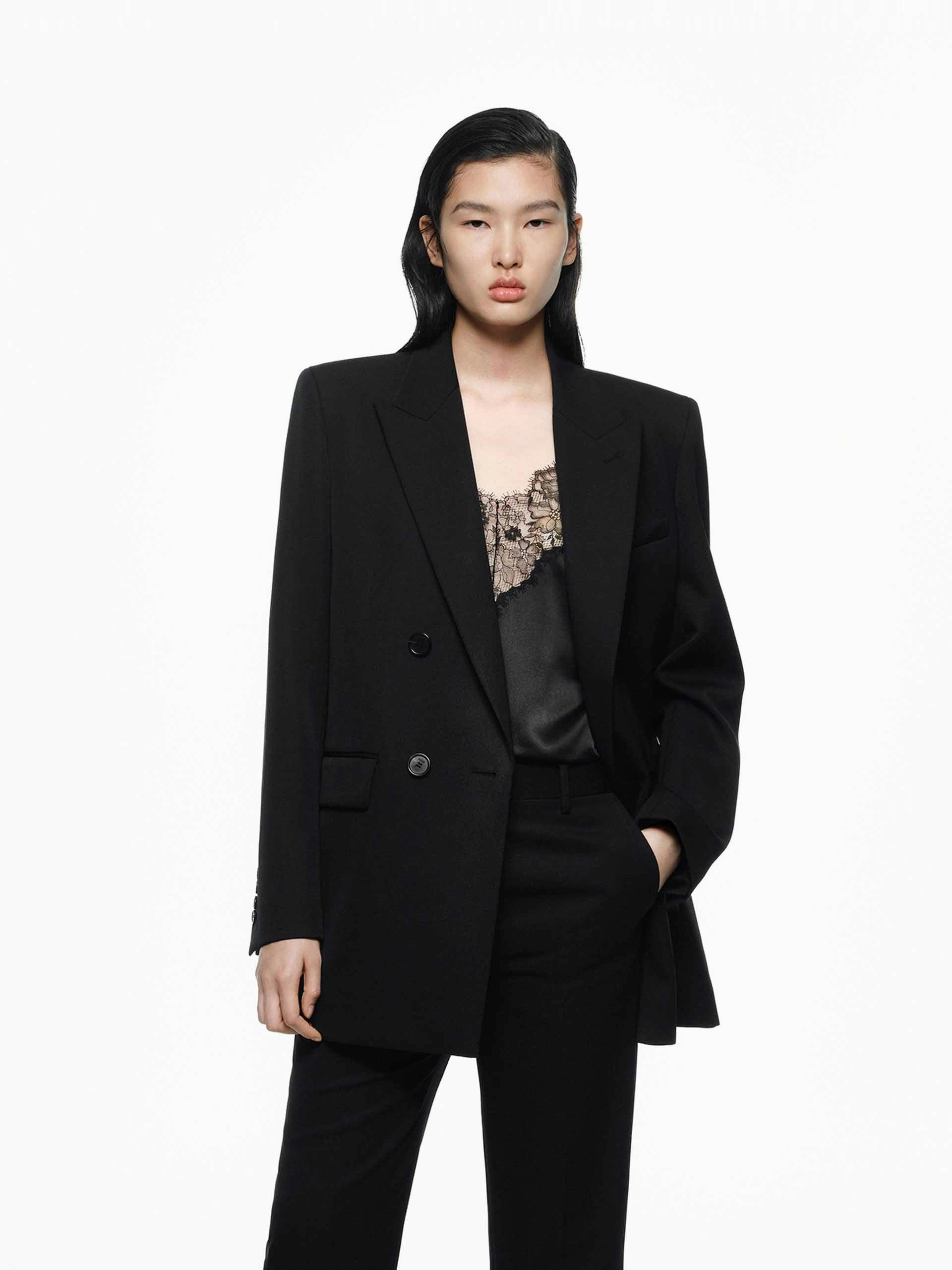 Merino Wool Structured Blazer FullCoverageHood Subtle Texture